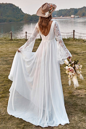 Dentelle Ivoire Mousseline de Soie Trompette Manche Boho Robe de mariée
